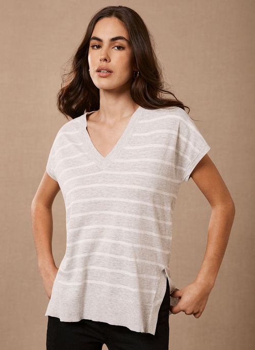 Grey Stripe V-Neck Knitted Top