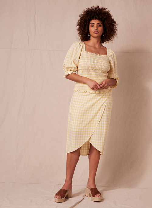 Yellow Gingham Wrap Midi Skirt