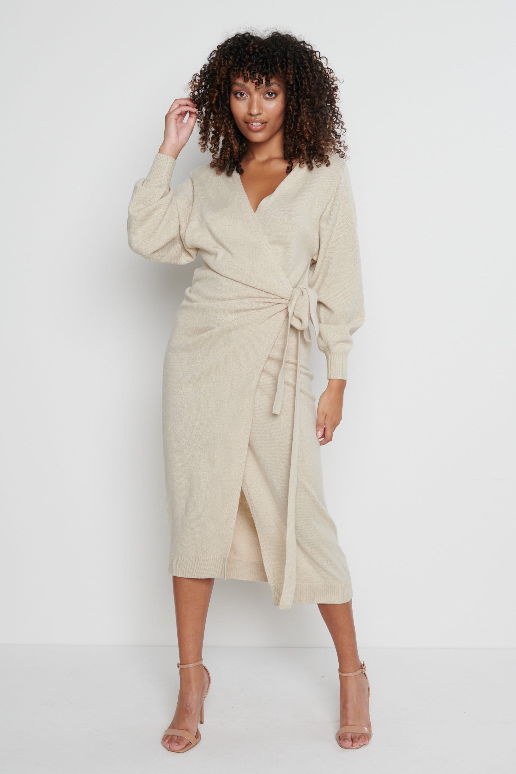 Cream midi wrap new arrivals dress