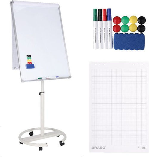 BRASQ Flipchart Mobile Deluxe - 70x100 cm - Verstellbares Whiteboard - Inklusive 25 Blatt Papier und Zubehör - mit ausziehbaren Armen - Magnettafel mit Haken - Magnettafel - Weiß