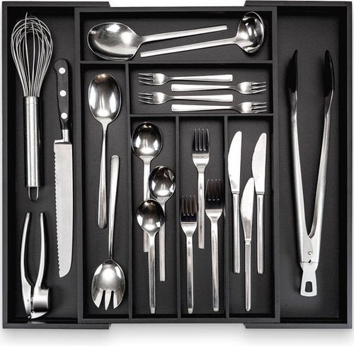 Budu Extendable Bamboo Cutlery Tray #47 (47 cm tief) - Schwarz - Besteckkassette Holz - Besteckschublade - 47 x 30.6 - 50 cm - 6/8 Fächer
