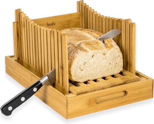 Budu Brotschneidemaschine Bambus - Brotschneidemaschine Werkzeug - Brotbrett Holz - Brotschneidemaschine mit Auffangschale - Bambus - 30x20cm