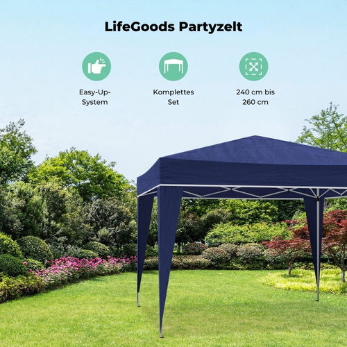 LifeGoods Partyzelt - Pavillon - 3x3 m - faltbar - wasserdicht - mit Rädern - blau