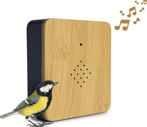 QLT Vogelhaus mit Naturgeräuschen - Box mit Vogelstimmen - Batteriebetrieben - Automatischer Bewegungssensor - Einstellbare Lautstärke - Holz/Grau