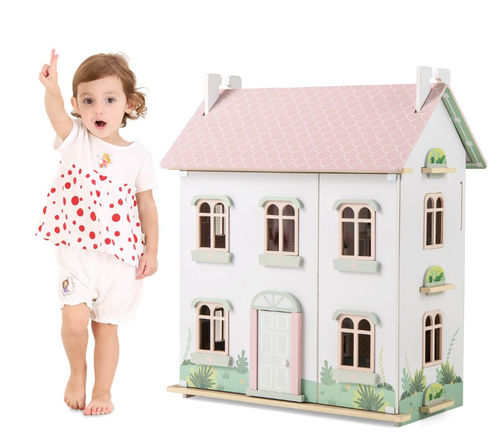 Coast - Puppenhaus Spielhaus aus Holz - Doppelseitiges Dach, Türen zum Öffnen, ab 3 Jahren - 55 x 35 x 66 cm - Kiefernholz - Pink