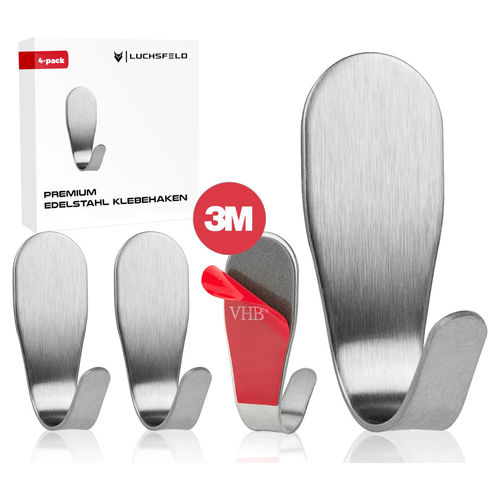 LUCHSFELD® 8x Selbstklebende Handtuchhaken aus Edelstahl - Kein Bohren - Starke Klebehaken für Bad & Küche