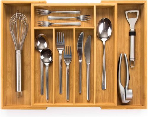 Budu Extendable Bamboo Cutlery Tray #33.5 (33.5 cm tief) - Besteckkassette Holz - Besteckschublade - 33.5 x 28 - 45 cm - 5/7 Fächer