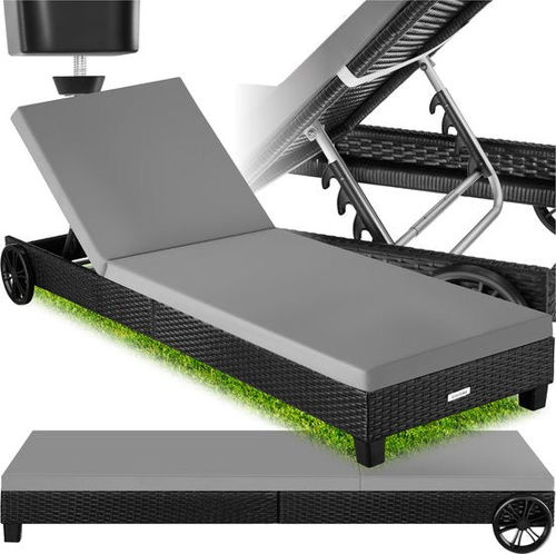 tectake® - Geflechtliege - Gartenliege mit Rollen und verstellbarer Rückenlehne - Strandliege - Für Garten oder Balkon - Relaxliege - Wetterfest - Inklusive grauem Kissen - Schwarz