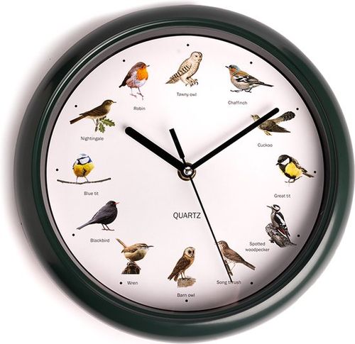 Nexxt Vogeluhr mit Vogelstimmen - Vogelstimmenuhr mit 12 Vogeltönen - Uhr mit Naturgeräuschen - Ø25 cm - Dunkelgrün