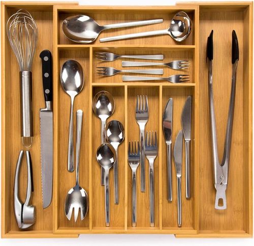 Budu Extendable Bamboo Cutlery Tray #47 (47 cm tief) - Besteckkassette Holz - Besteckschublade - 47 x 30.6 - 50 cm - 6/8 Fächer