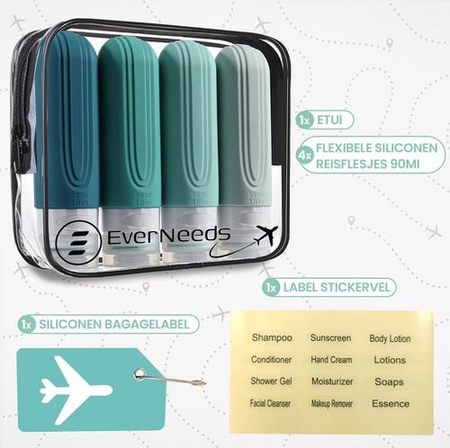 EverNeeds Reiseflaschen mit Etui - Nachfüllbar - Silikon-Reiseflaschen Handgepäck - Minze - 4 Stück
