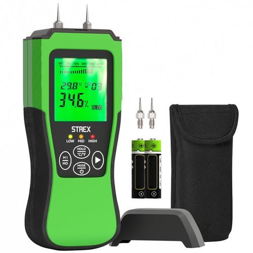 Strex Feuchtigkeitsmessgerät digital - für Holz / Baumaterialien (einschließlich Stein, Gips & Beton) - LCD-Display - Feuchtigkeitsmessgerät - Feuchtemessgerät Wände - inkl. Batterien & Aufbewahrungskoffer