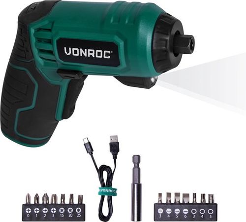VONROC Akkuschrauber - 4V - Inkl. 14-teiligem Bit-Set, USB-C-Ladekabel und Aufbewahrungstasche