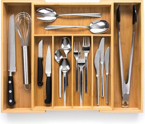 Budu Extendable Bamboo Cutlery Tray #38 (38 cm tief) - Besteckkassette Holz - Besteckschublade - 38 x 29,5 - 47,8 cm - 5/7 Fächer