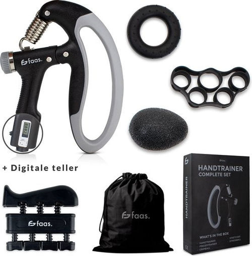 Handtrainerset - 5-teilig - 10 bis 100 KG - Digitaler Zähler - Hand-, Unterarm-, Handgelenks- & Fingertrainer - Stressball, Squeephalter, Stretcher & Grip Ball