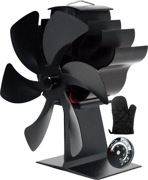 Vulpes Goods® Tech - Ofenventilator für Kaminöfen - Kaminofenventilator - Ecofan - Wärmeventilator - 6 Flügel - Inkl. Thermometer, Staubtuch & Handschuh - PRO Version