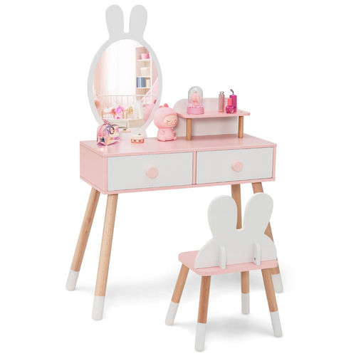 Kinderfrisiertisch-Set mit Kaninchendesign - 78 x 37 x 110 cm - Rosa + Weiß