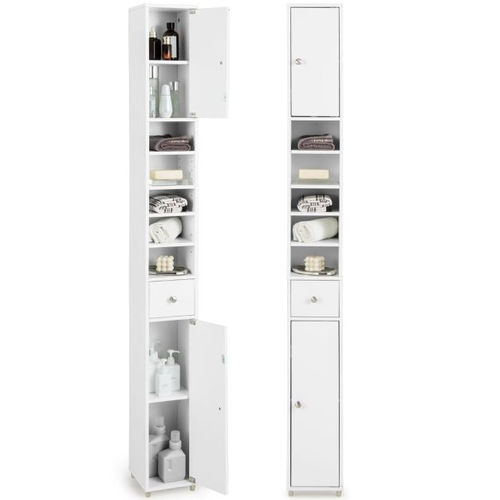 Coast - Slim Badmöbel - Freistehender Hochschrank - 2 Türen - 1 Schublade - 5 verstellbare Einlegeböden - 20 x 20 x 180 cm
