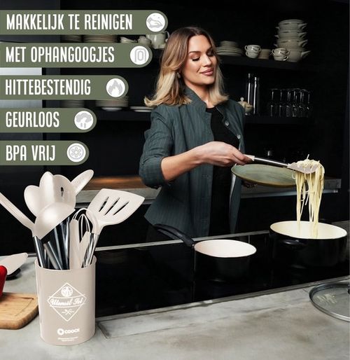 COOCK Silikon-Kochgeschirr-Set mit Halter XL - Kochgeschirr-Set 26-teilig - BPA-frei & plastikfrei - aufhängbar - inkl. Öffner - Beige