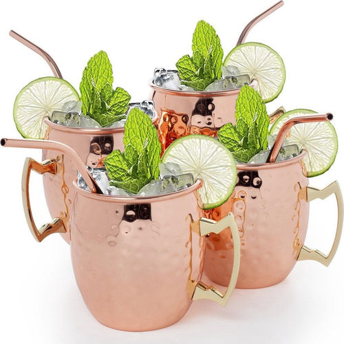KitchenBrothers Moscow Mule Cups - Cocktailgläser mit Strohhalm - 4 Stück - gekupfert - 500ML