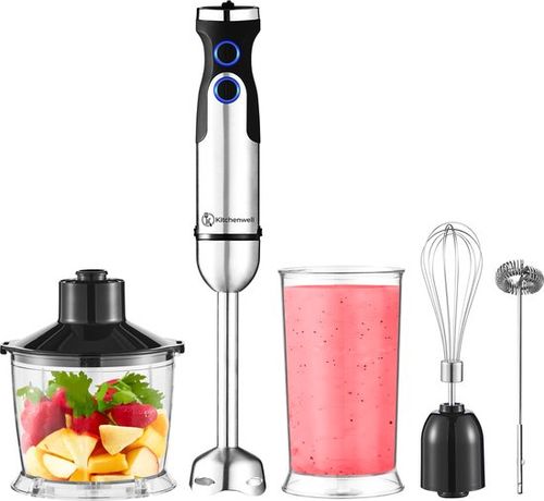 Kitchenwell 5-in-1 Stabmixer-Set - 1200W - 21 Geschwindigkeiten - Inklusive Zerkleinerer, Messbecher & Milchaufschäumer - Edelstahl