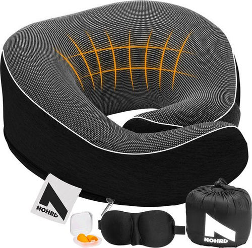 NOHRD Aircraft Neck Pillow - Reisekissen - Schwarz - Memory Foam - Inkl. Ohrstöpsel, Schlafmaske & Tragetasche - Memory Foam - Nackenstütze