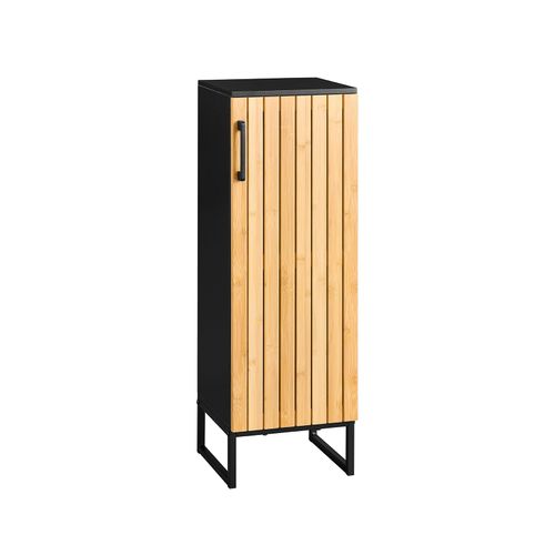sobuy Schmaler Badezimmerschrank - 30x30x90 cm - Bambus & Schwarz - kompakter Badezimmerschrank mit Tür und verstellbaren Einlegeböden