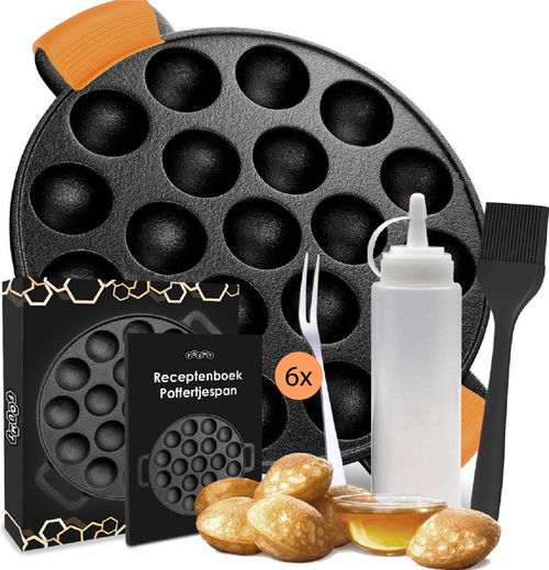 Ocina Poffertjes-Pfanne - Combo-Pack - 19 Poffertjes - Poffertjes-Maschine - Poffertjes-Pfanne Induktion - Poffertjes-Pfanne elektrisch - Gusseisenpfanne - Inklusive Spenderflasche, Griffe, 6x Poffertjes-Gabeln und Fettbürste - Gratis-Rezeptbuch