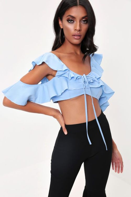 Blue Ruffle Cold Shoulder...