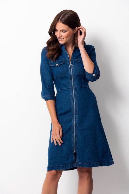 Mid Blue Zip Front Denim Dress