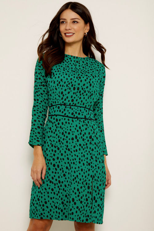 Green Spot Print Waist Detail Dress