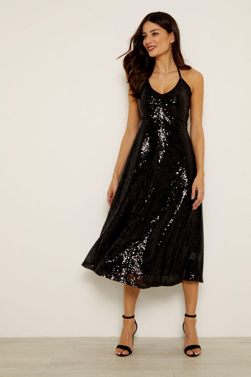 Black Sequin Halter Neck Dress