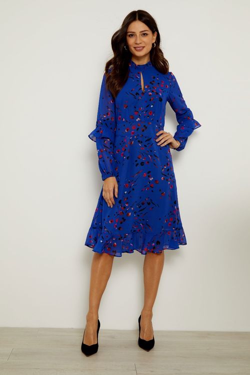 Blue Abstract Floral Print Fit & Flare Ruffle Dress