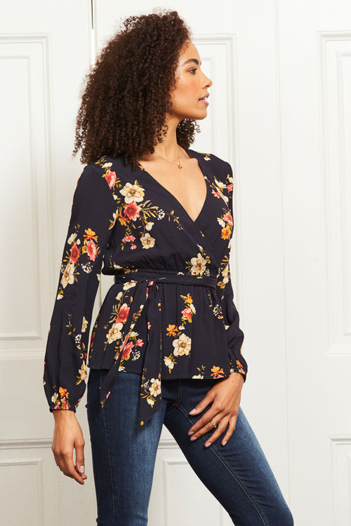 Navy Floral Print Wrap Belted...