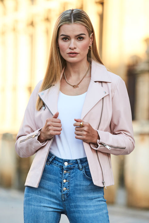 Soft Pink Leather Biker Jacket