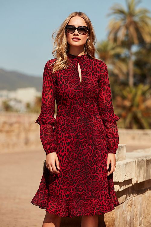 Red Leopard Print Fit & Flare Ruffle Dress