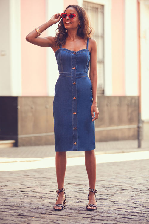 Mid Blue Button Front Denim...