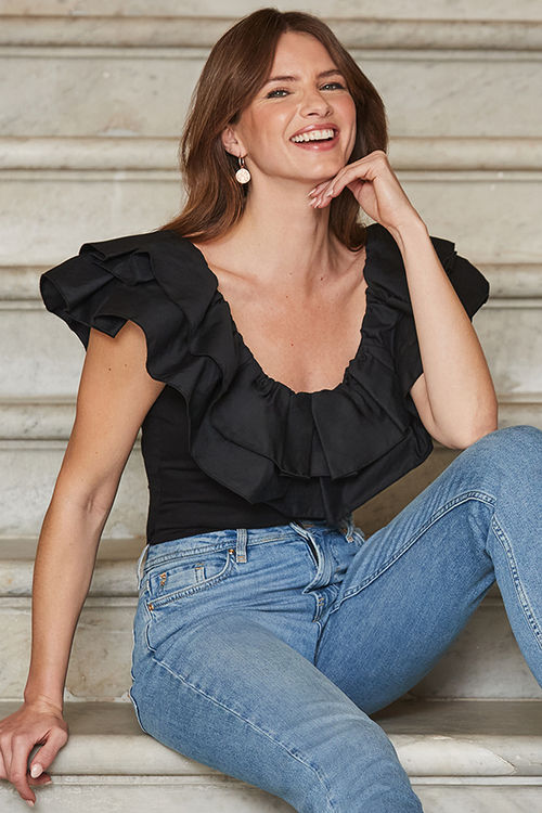 Black Ruffle Detail Jersey Top