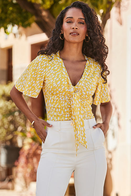 Yellow Fleck Print Ruched...