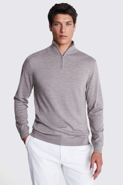 Taupe Melange Merino Zip-Neck...