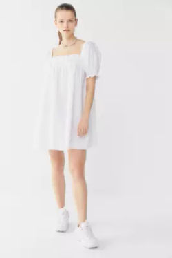 UO White Puff Sleeve Mini Dress - white M at Urban Outfitters