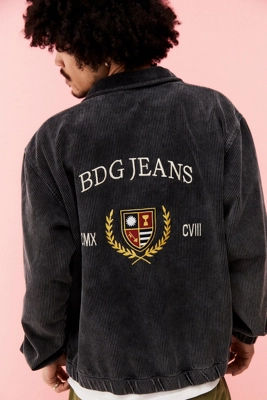 BDG Washed Black Embroidered Corduroy Harrington Jacket - Black XL