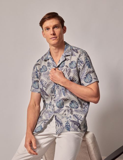 Hawes & Curtis Green & Navy Tropical Linen Slim Short Sleeve Shirt - Revere Collar