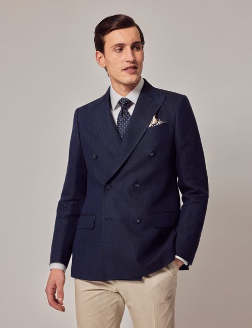 Hawes & Curtis Navy Herringbone Tailored Linen Italian Suit Jacket