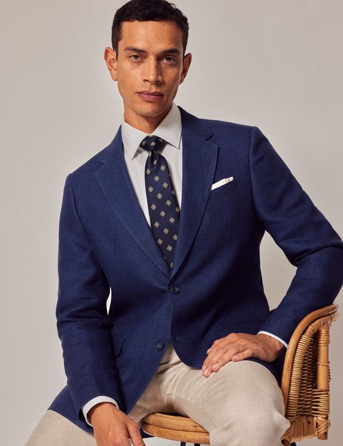 Men's Herringbone Linen Tailored Fit Italian Suit in Royal Blue