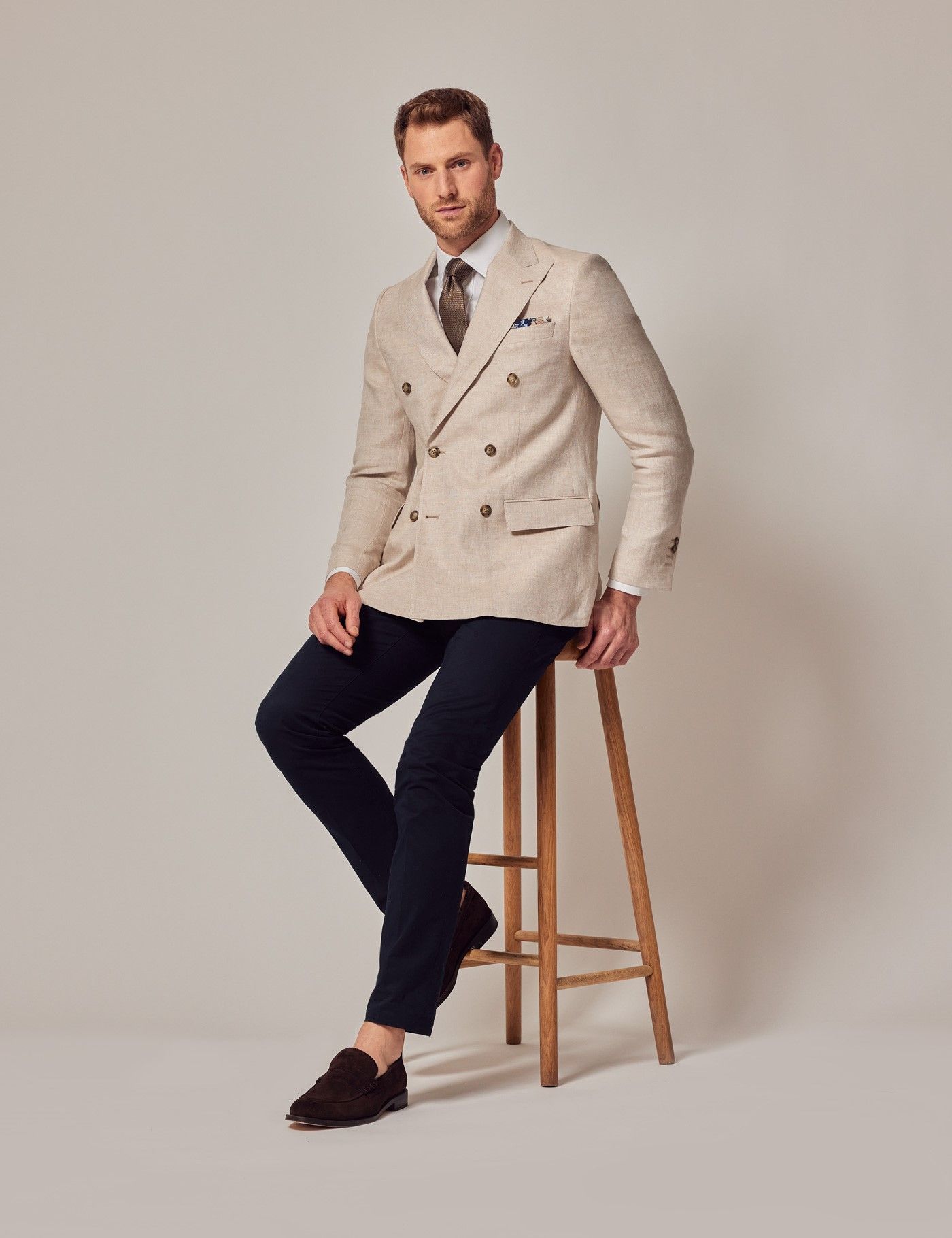 Hawes & Curtis Cream Double Breasted Linen Tailored Suit Jacket