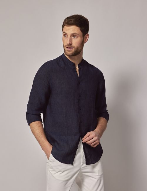 Hawes & Curtis Navy Linen Shirt - Grandad Collar