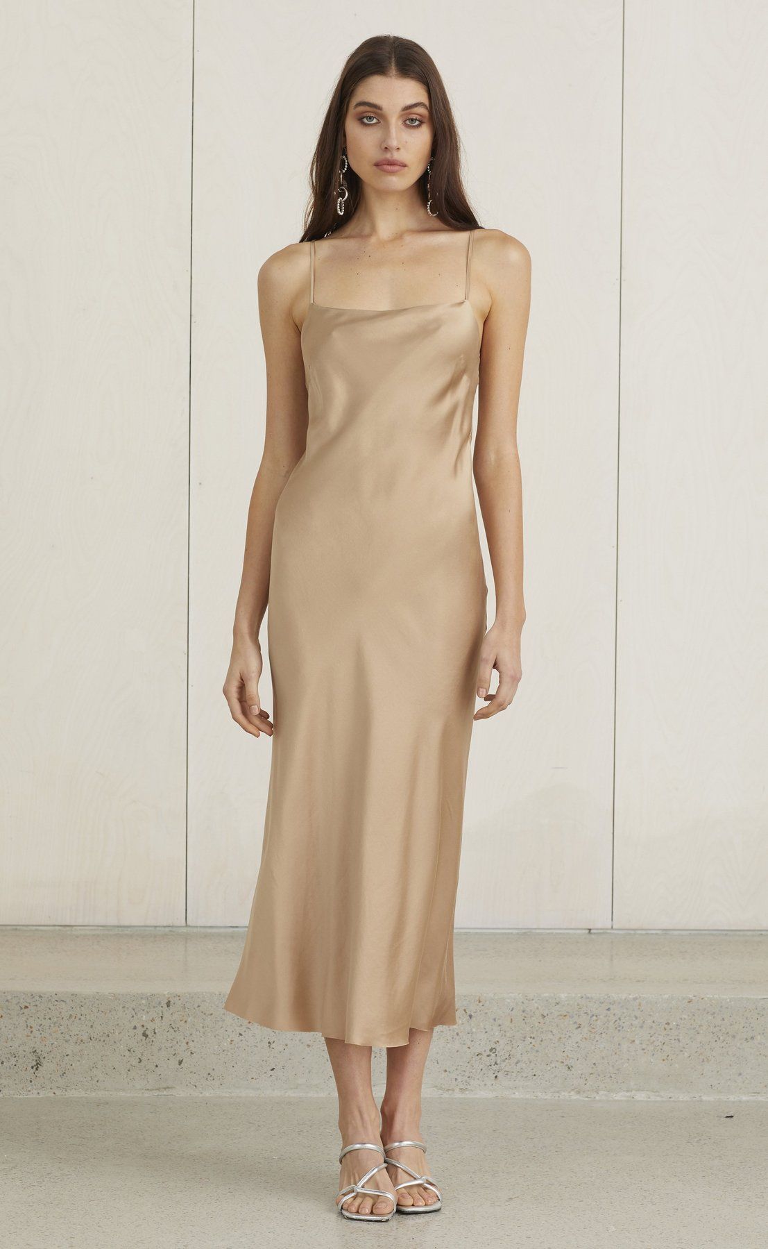 beige satin slip dress