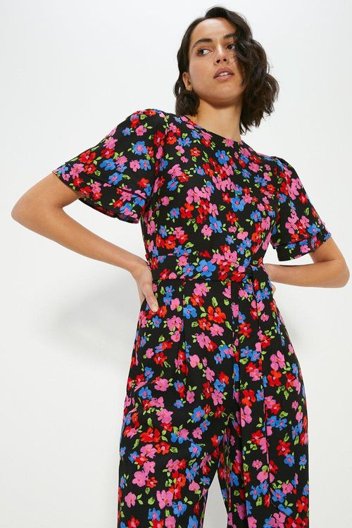 Floral Printed Crepe Belted...