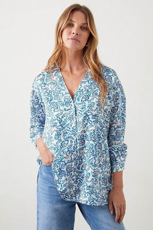 Womens Blue Floral Collarless...